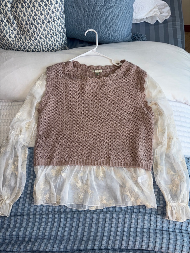 Mauve Knit Top With Sheer Embroidered Sleeves